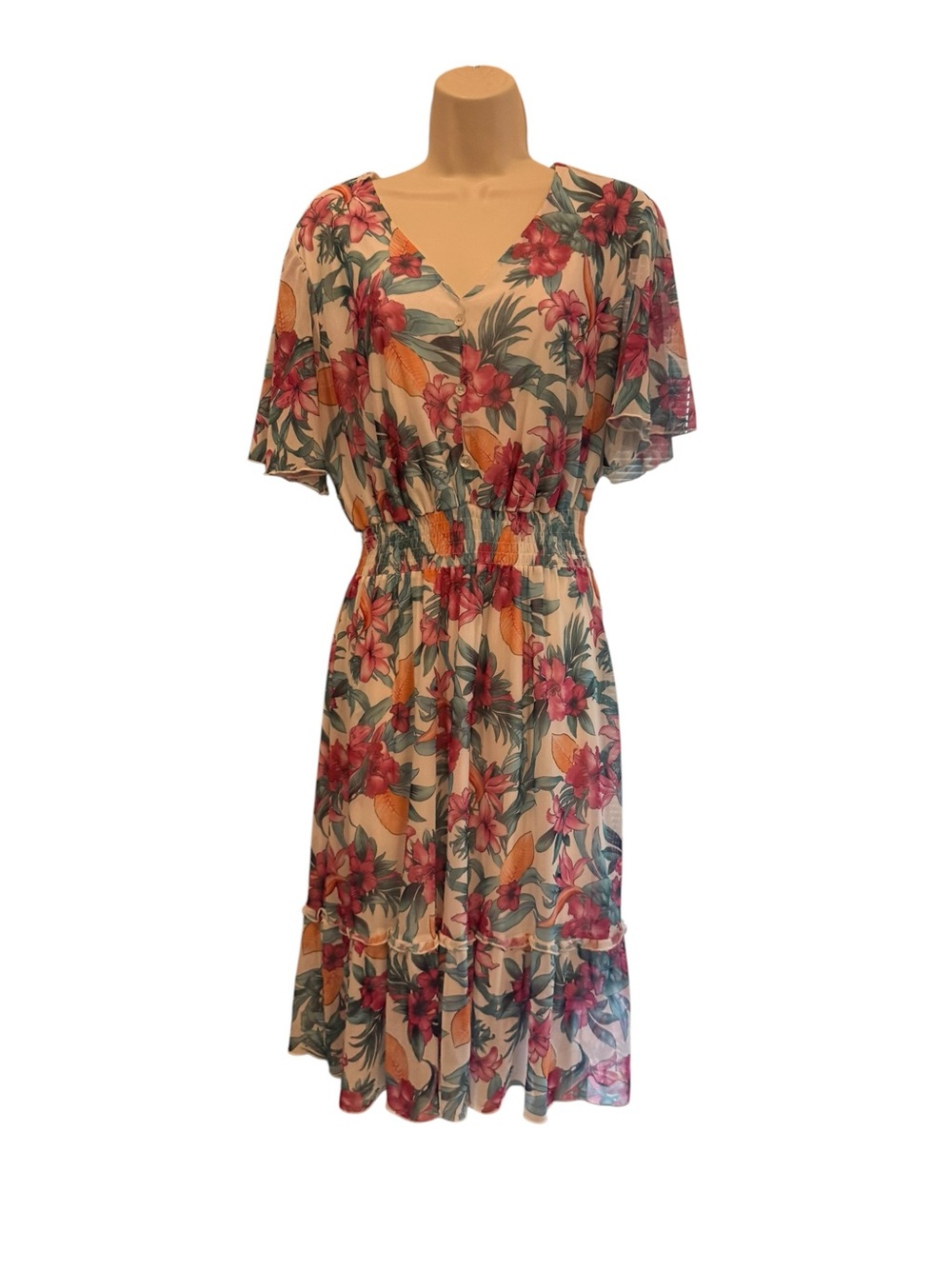 Floral V-Neck Cream Midi Dress with Pink & Green Print